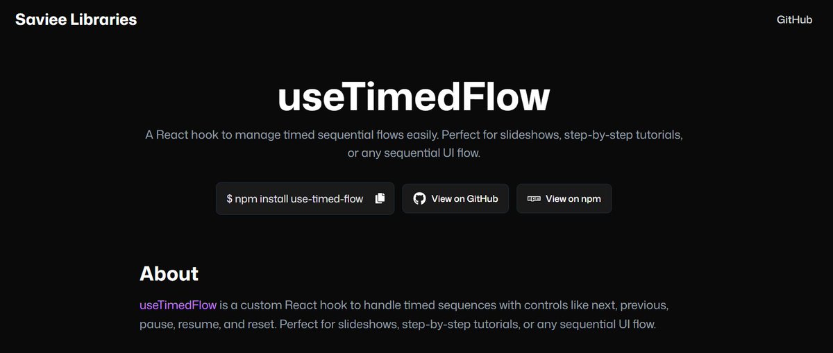 Saviour_ise's tweet image. A library I built based on my pain.

 use-timed-flow, to handle timed sequences.
Perfect for carousels, quizzes, or anything time-based.

NPM: npmjs.com/package/use-ti…
DOCS: saviee-libraries.onrender.com/libraries/use-…

#React  #npm #javascript #WebDevelopment