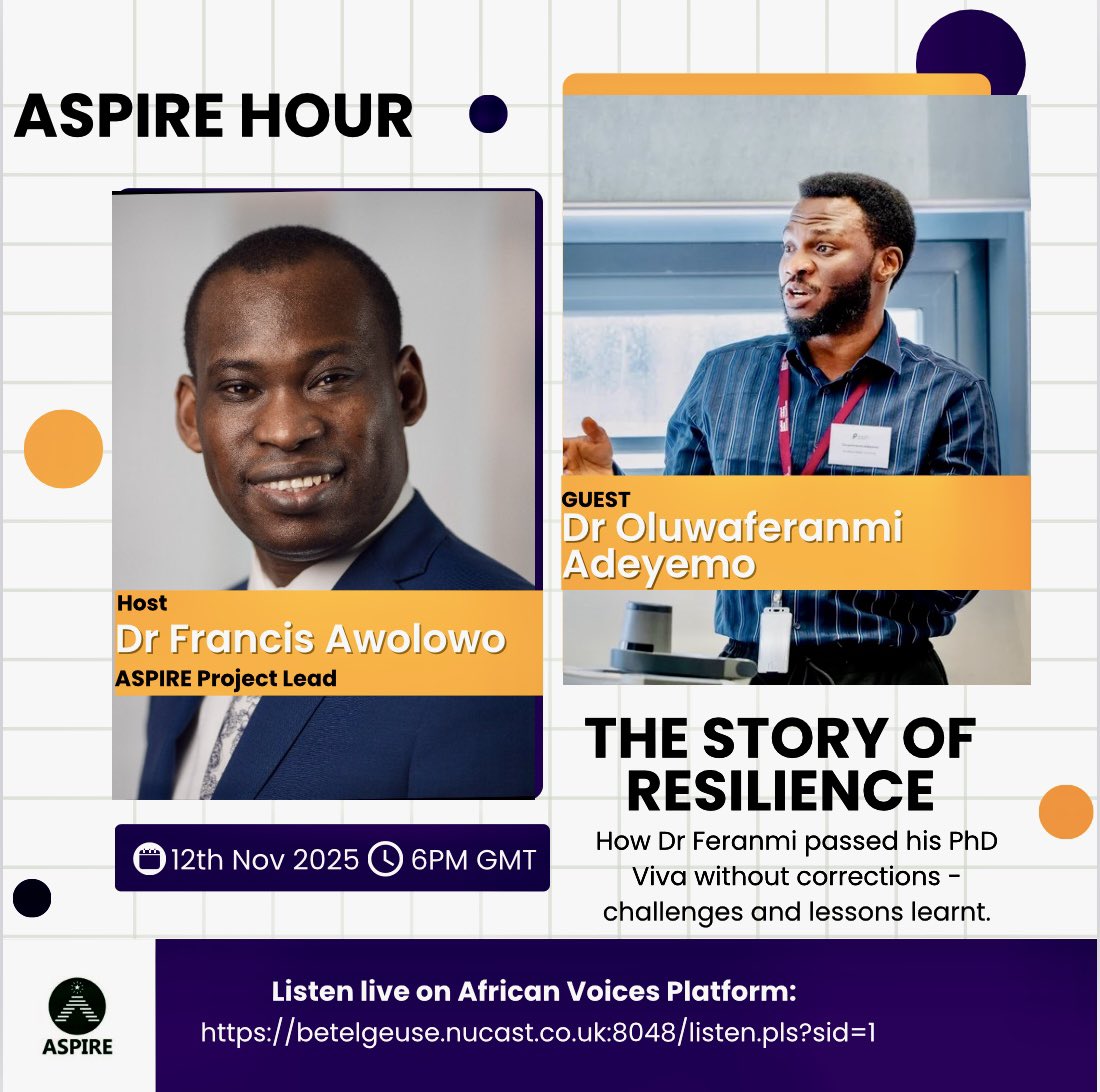 🌟 ASPIRE Hour: A PhD is Possible 🌟

Join me on this week's ASPIRE Hour with Dr Ifedapo Francis Awolowo <a href="/DrAwolowo/">Dr Ifedapo Francis Awolowo</a> where I'd be sharing about the motivation behind my research, the challenges and lessons learned in my PhD Journey at Sheffield Hallam University. 

Whether you’re