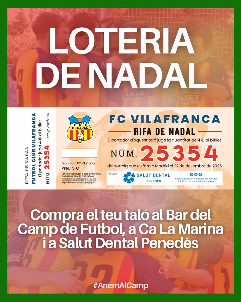 🎄Aquest Nadal juguem al 2️⃣5️⃣3️⃣5️⃣4️⃣

La Loteria del FCV ja està a la venda al Bar del Camp de Futbol, a Ca La Marina i a Salut Dental Penedès.

Compra el teu taló (5€), col•labora amb el club i creua els dits el proper 22 de desembre!

#AnemAlCamp
#LligaElit #futbolcat