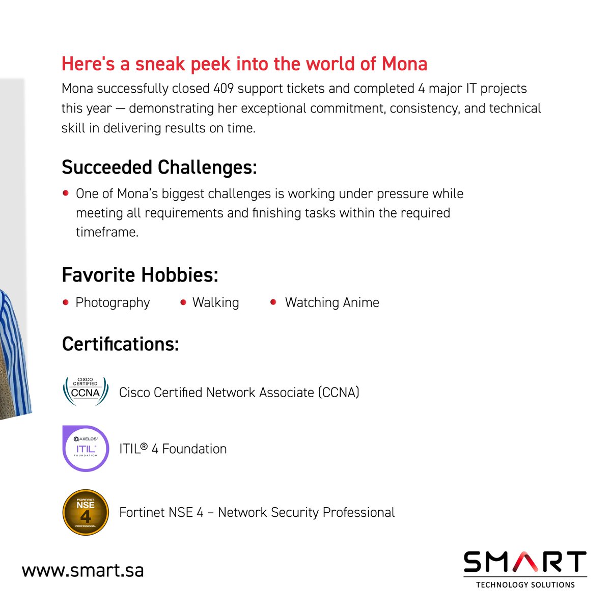 SmartTechSA's tweet image. With a passionate heart and a problem-solving mind, Mona transforms every task into a step toward excellence. 💫

#SMART #ourSmartie #meet_our_people #smarties_success #ITSolutions