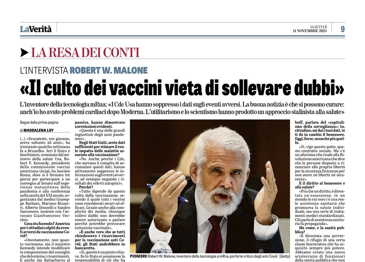 Itw a <a href="/RWMaloneMD/">Robert W Malone, MD</a>, il papà dei vaccini mRna: in America il Nih di <a href="/DrJBhattacharya/">Jay Bhattacharya</a> sta cercando di curare i danneggiati da vaccino covid e <a href="/SecKennedy/">Secretary Kennedy</a> vuole modificare la composizione della commissione che decide i risarcimenti. Ma “la salute pubblica è diventata una perversione,