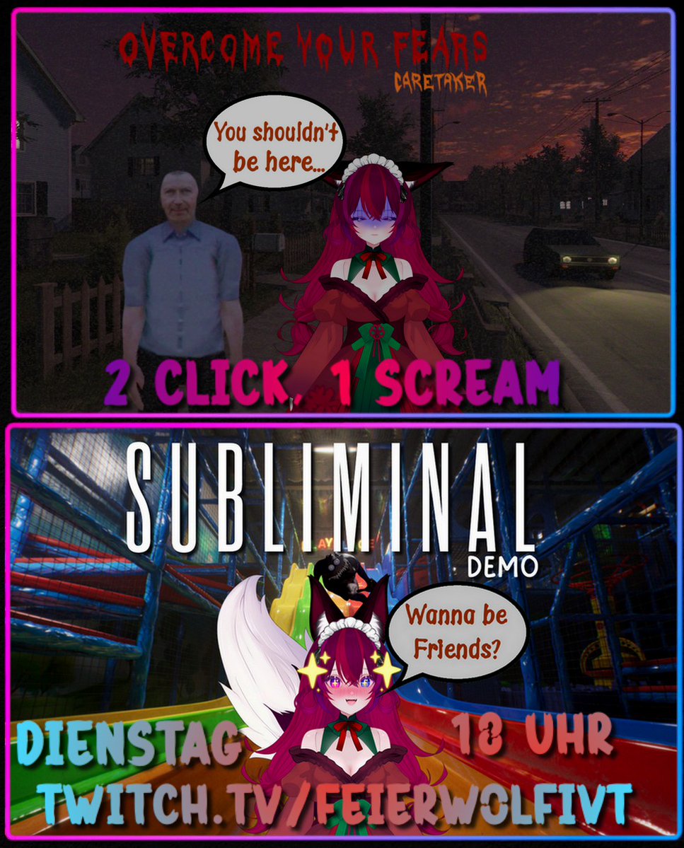 Na ihr lieben :3
Ich hoffe ihr kommt gut in die 5 Jahreszeit💜

Und wie kann Karneval besser Starten als mit einer ordentlichen Doppelladung Schreck!

Wir gehen heute Abend ab 18 Uhr in die doppelte Ladung Horror und ich freu mich euch auf der Lila Plattform begrüßen zu dürfen✨