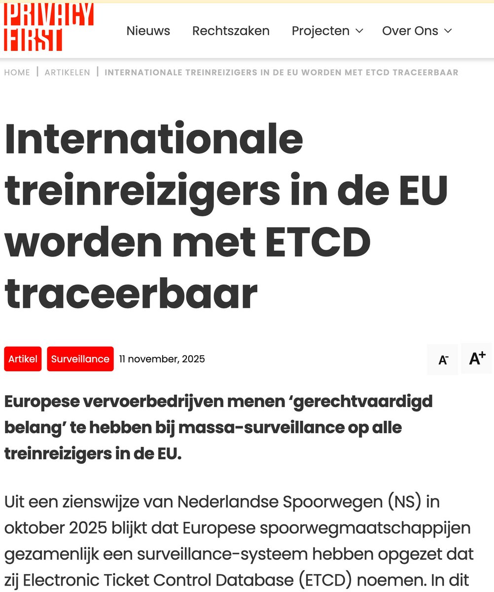 Massa-surveillance internationale treinreizigers

privacyfirst.nl/artikelen/inte…

Michiel Jonker tegen <a href="/privacyfirst/">Privacy First</a>: 'Ik ben geschokt door deze informatie. [...] de locatiegegevens van iedereen die met het OV in de EU rondreist, continu [...] beschikbaar'.