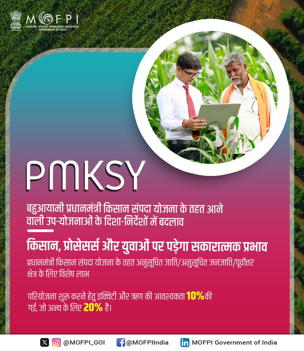 MOFPI_GOI's tweet image. प्रधानमंत्री किसान संपदा योजना (#PMKSY) से हर वर्ग के किसानों व खाद्य उद्यमियों को मिल रहा है विशेष लाभ और कृषि क्षेत्र के साथ #FoodProcessing मैन्युफैक्चर की संवृद्धि से देश का हो रहा है विकास..

अधिक जानकारी के लिए कृपया देखें: Sampada-mofpi.gov.in

#ProcessingForProsperity
