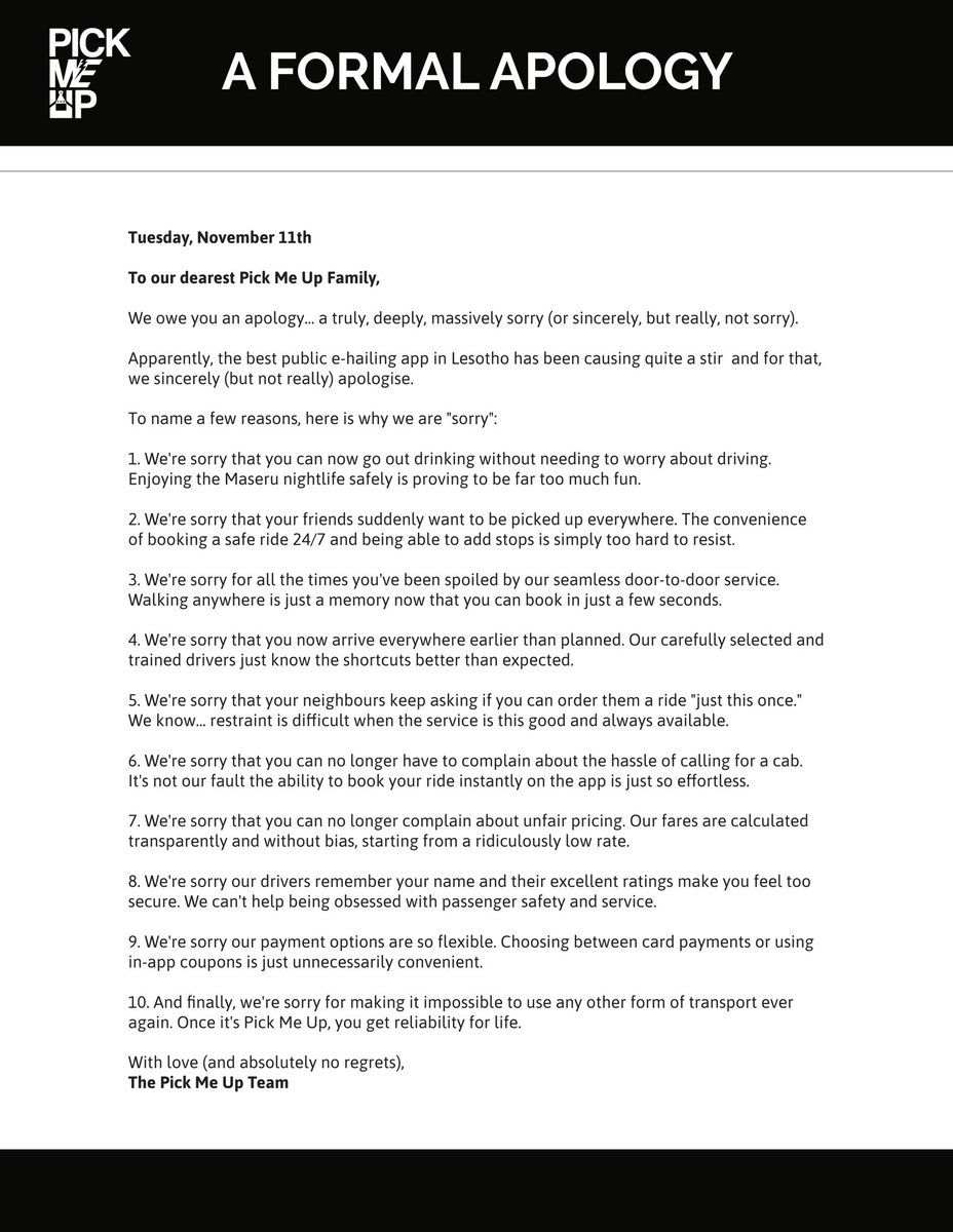 IMPORTANT PUBLIC ANNOUNCEMENT! 🚨
We’ve been forced to issue a formal apology. Honestly, we are utterly devastated (not really, we’re smashing it). We’re sorry you don’t have to complain anymore 😅#pickmeuplesotho