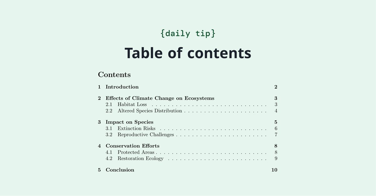 overleaf's tweet image. Did you know that LaTeX can automatically generate the table of contents for your document? This article explains how. overleaf.com/learn/latex/Ta…