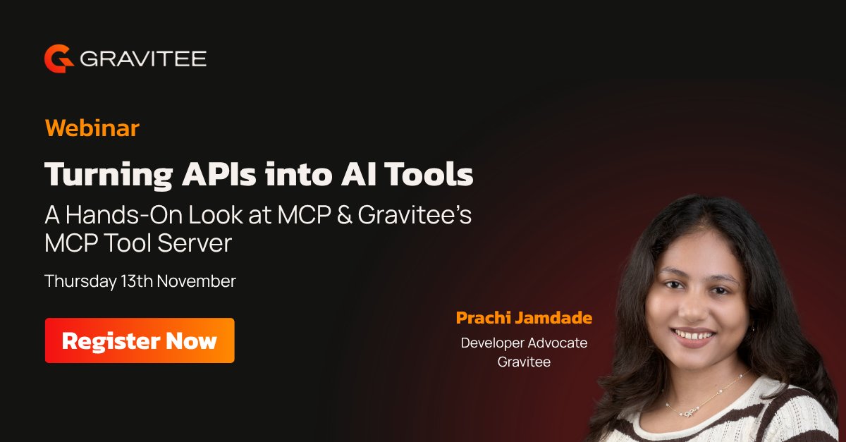 GraviteeIO's tweet image. 🛠️ Turn Your APIs into AI Tools!

Join us for a hands-on webinar with MCP &amp;amp; Gravitee. Learn to enable MCP, test securely, build an AI agent, and monitor your API tools.

🗓 Nov 13 | ⏰ 9:30–10:30 PM IST | 11 AM–12 PM EST | 5–6 PM CET
👉 bit.ly/4pnGdd9

#MCP #AI #Agents