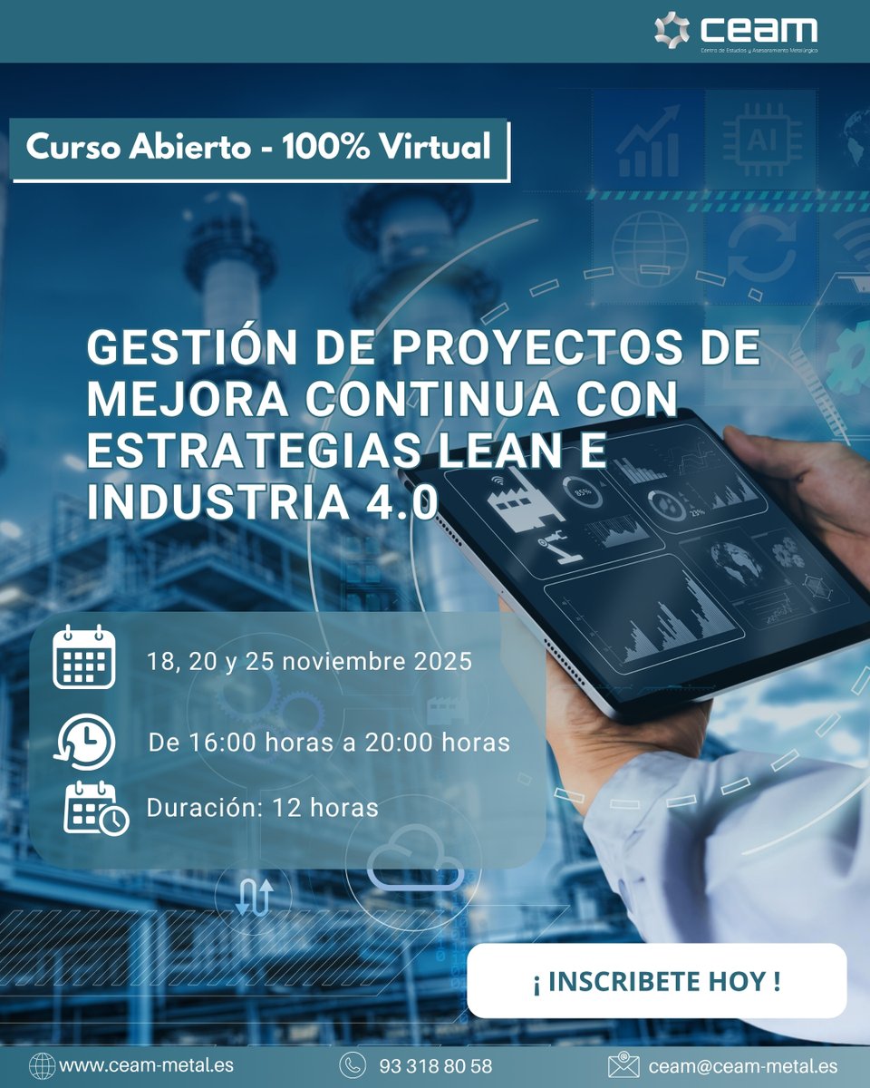 🎯 Curso online → Gestión de Proyectos de Mejora Continua con Lean e Industria 4.0
🔗 Inscríbete ahora: zurl.co/JqNZb   
#LeanManufacturing #Industria40 #MejoraContinua #Formación #Ingenier