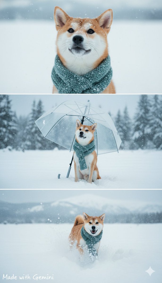 googlejapan's tweet image. 【雪景色加工を愛犬でも🐶】

① ペットの写真を用意
② リプライのプロンプト画像を長押ししてダウンロード
③ 2 枚の画像を Gemini にアップロードで生成