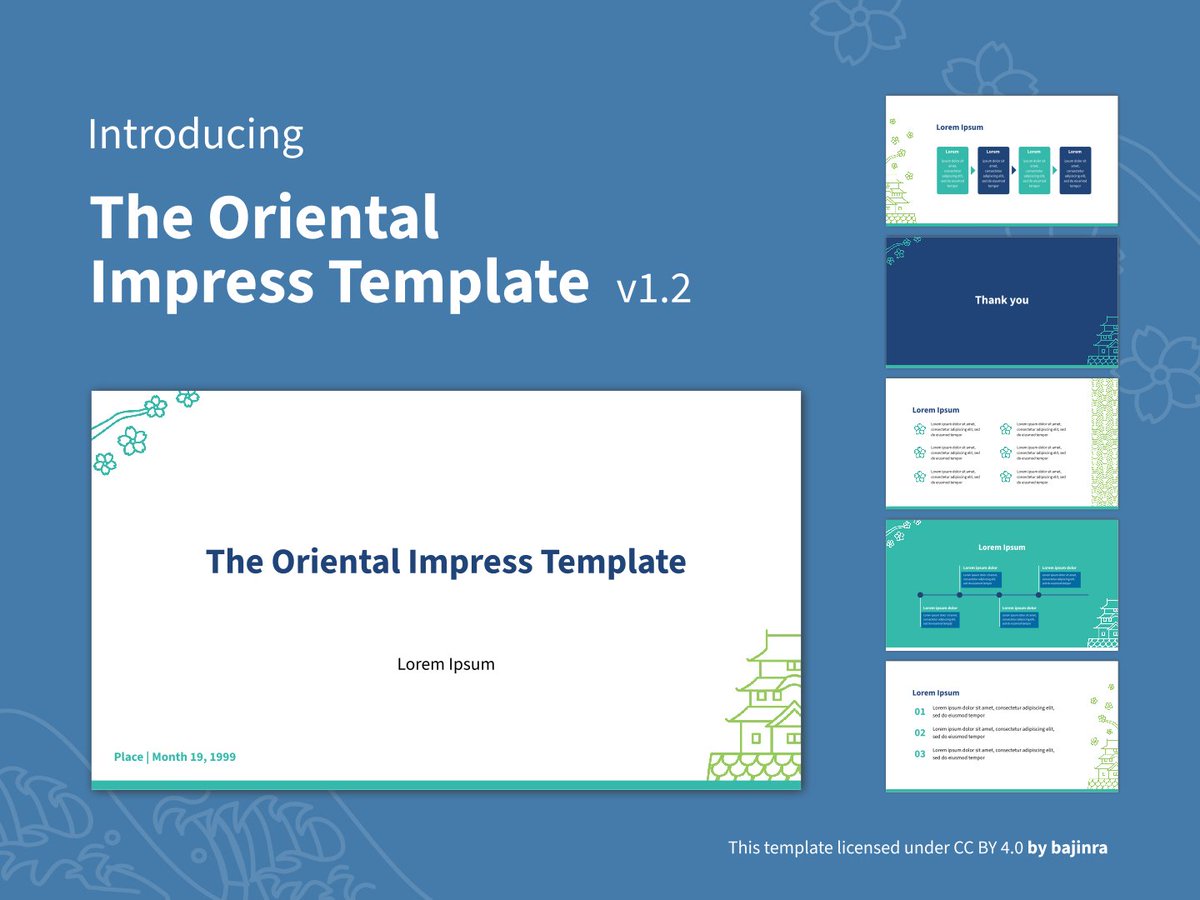 bajinra's tweet image. The Oriental was my first LibreOffice Impress template uploaded to the @LibreOffice Extension and Templates Repository. After uploading the first version last year, I wanted to improve it and it&apos;s now in version 1.2.

#LibreOffice #Impress #opensource #foss