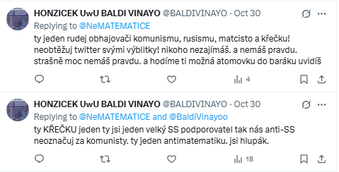 NeMATEMATICE's tweet photo. Jedině @BALDIVINAYO a jeho Blenajo parta je schopná mě nazvat matcistou, tedy nacistickým matematikem a zároveň anti-matematikem hned v druhém příspěvku. Celkově Blenayo má za potřebí spojovat nepřátele do jednoho. Teď budou u moci motoristé, my to bandu Blenayo rozprášíme. https://t.co/gDxIopFkHR