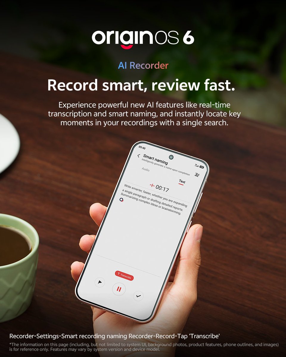 OriginOS_Global's tweet image. Tired of re-listening? AI Recorder on OriginOS 6 provides real-time transcriptions and smart naming. Reviewing notes just got so much faster! Try it on vivo X300 Series.