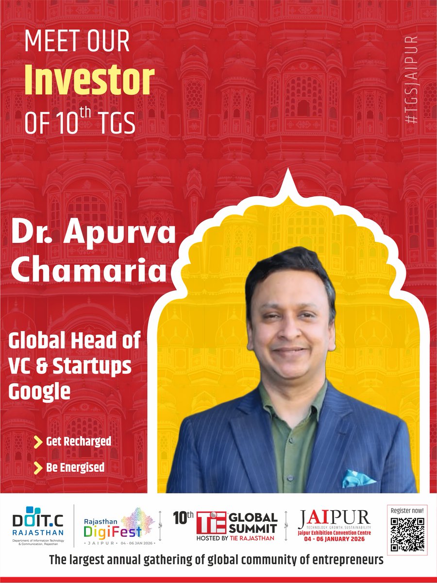 Present your innovation, meet the right investors, and accelerate your global growth.

🔗 Register now: tieglobalsummit.org/tgs100

🌟 Investor Spotlight 🌟
We are excited to welcome Dr. Apurva Chamaria, Global Head of VC &amp; Startups at Google to the TiE Global Summit in Jaipur.

Dr.
