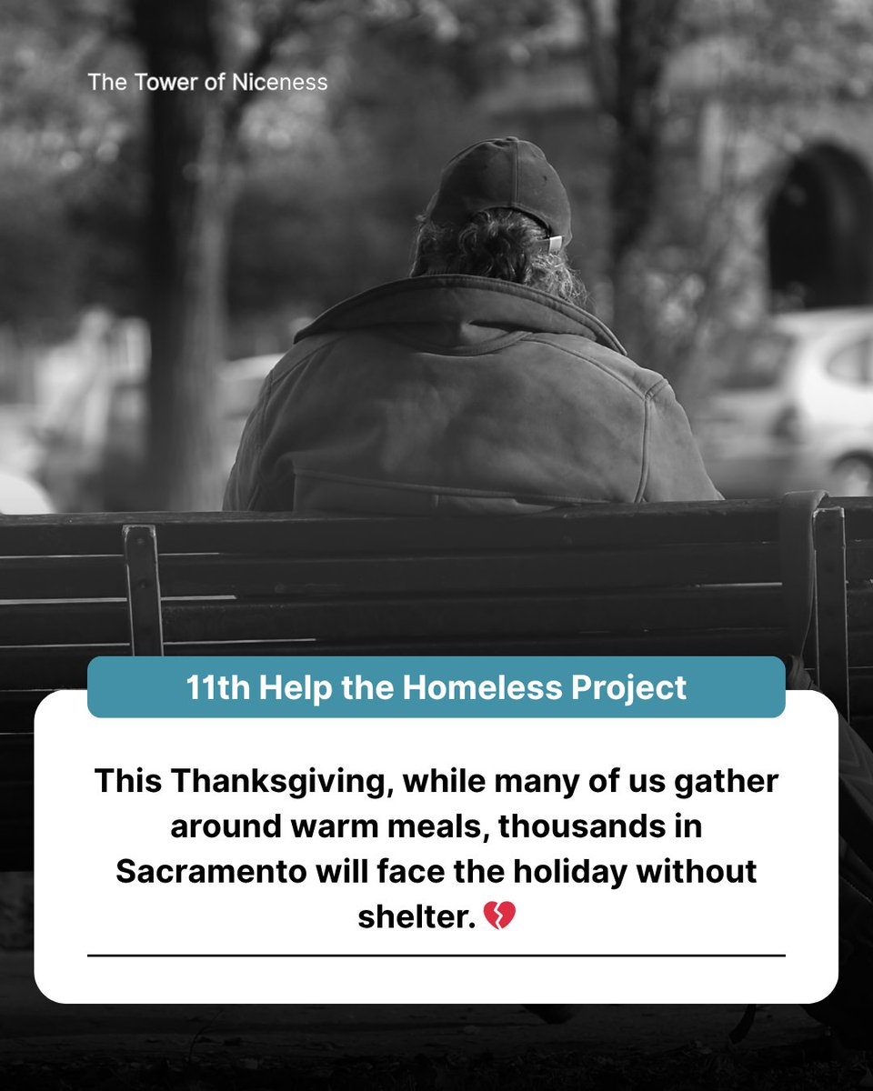 towerofniceness's tweet photo. This Thanksgiving, while many of us gather around warm meals, thousands in Sacramento will face the holiday without shelter. 💔
✨ Our Goal for 2025: Reach 500 people.
https://t.co/DZ58USKtjS
#HelpTheHomeless #ThanksgivingOutreach #TowerOfNiceness https://t.co/2tp3CYDDZx