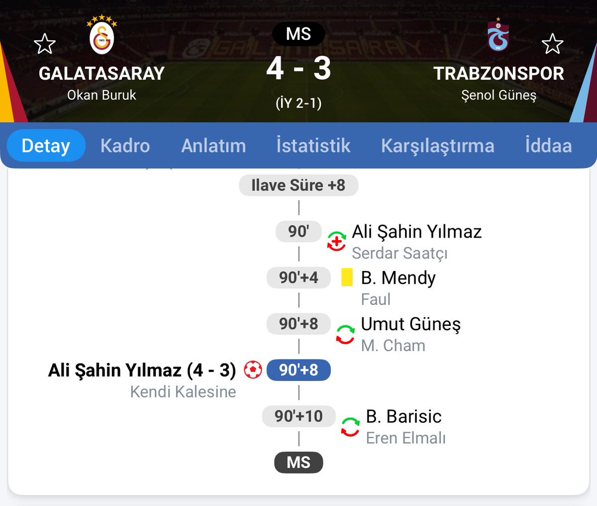 🗓️ 16.12.2024

Galatasaray’ın Trabzonspor’u 4-3 yendiği maçta 90. dakika oyuna girip 90+8. dakikada kendi kalesine gol atan Ali Şahin Yılmaz, bahis oynadığı gerekçesiyle PFDK’ya sevk edildi.

#10Kasım Atam Eren Elmalı Necip Uysal #PoliseNeYapılacak  Bahis Kocaeli Furkan NISA