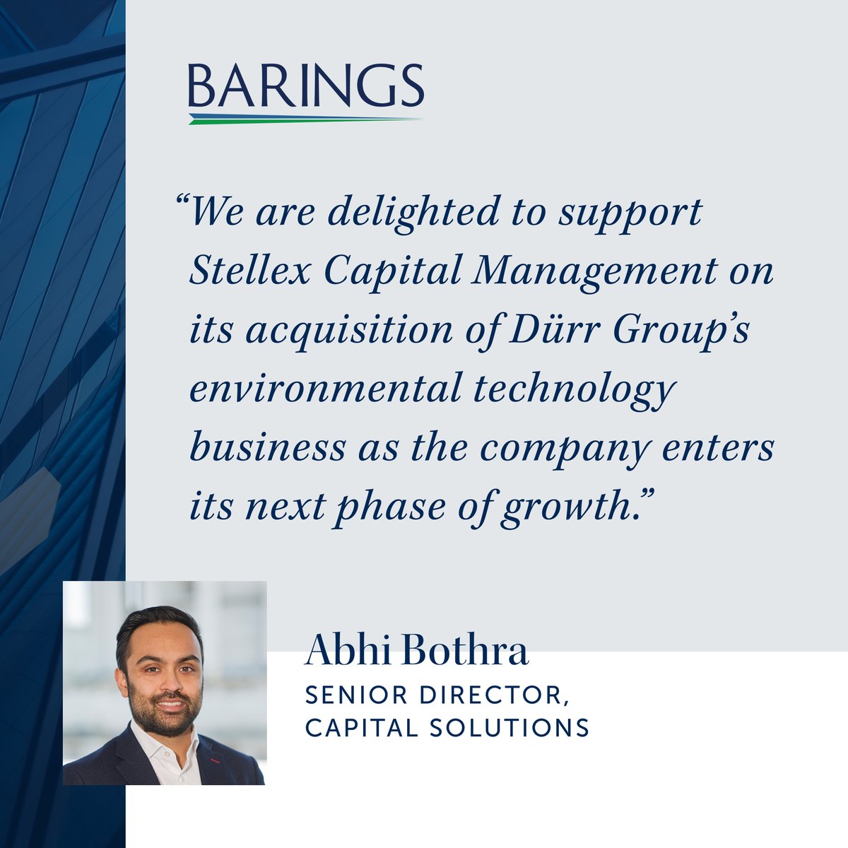 Barings today announced its role as lender in supporting Stellex Capital Management’s acquisition of a leading environmental technology business.

Learn more: ow.ly/i3Bc50Xn4uL