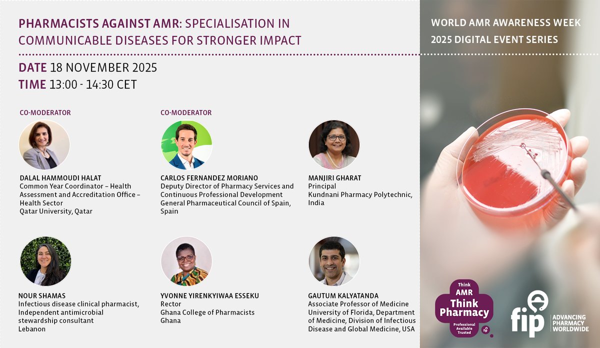 To mark the World Antimicrobial Resistance (AMR) Awareness Week 2025, join our digital event, 18 Nov, 13:00 CET, to learn how pharmacy specialisation in #CommunicableDiseases strengthens #AntimicrobialStewardship &amp; supports global efforts against AMR: ow.ly/Vz6K50XpaBV