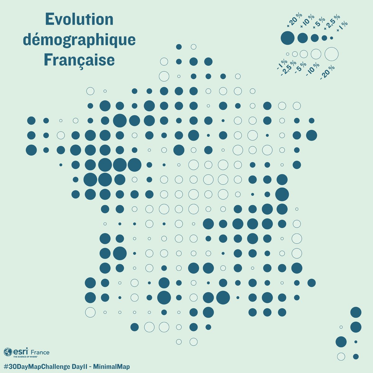Esri_France's tweet image. 📈 Évolution démographique française entre 2011 et 2021
🌍 #30DayMapChallenge – Jour 11 : Minimal Map

Découvrez la polarisation démographique française 2011-2021 : croissance au Nord-Ouest et Sud-Est, recul sur la “diagonale du vide”. 

#EsriFrance #ArcGIS #SIG