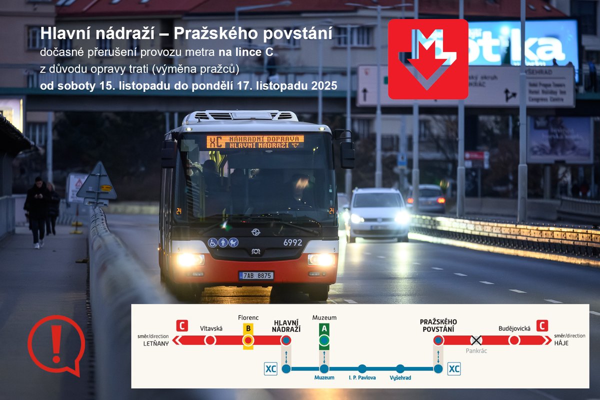 🚇 𝗠𝗘𝗧𝗥𝗢 𝗖 O PRODLOUŽENÉM VÍKENDU | Upozorňujeme, že od soboty 15. listopadu do pondělí 17. listopadu 2025 přerušíme provoz metra na lince C v úseku 🔴 Hlavní nádraží – Pražského povstání.

🏗 Důvodem je pokračování výměny pražců v úseku Hlavní nádraží – Muzeum a také ve