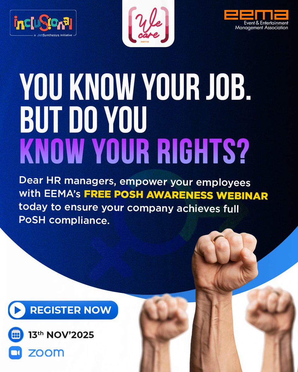 eemaindia's tweet image. HR managers, it starts with you.
Join EEMA’s Free PoSH Awareness Webinar and empower your teams with the rights and protection they deserve.
A safer workplace begins with informed voices.📅 13 Nov ’25
📍 Zoom
Register: tktplz.com/wecareposh#EEMA #PoSH #WeCare #SafeWorkplace