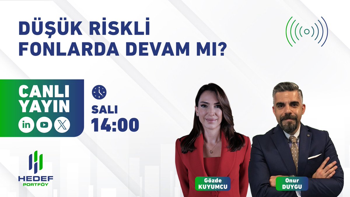 📢Düşük Riskli Fonlarda Devam Mı? 

Bugün saat 14:00’da Kurumsal Satış ve İletişim Direktörümüz <a href="/GozdeKuyumcu/">Gözde Kuyumcu</a>, <a href="/FonTurkey/">FonTurkey</a> kurucusu <a href="/eonurduygu/">Onur Duygu</a> ile canlı yayında sizlerle olacak. 

Yayın Linki: 
🔗youtu.be/BlUnyUR49JE

#HedefPortföy