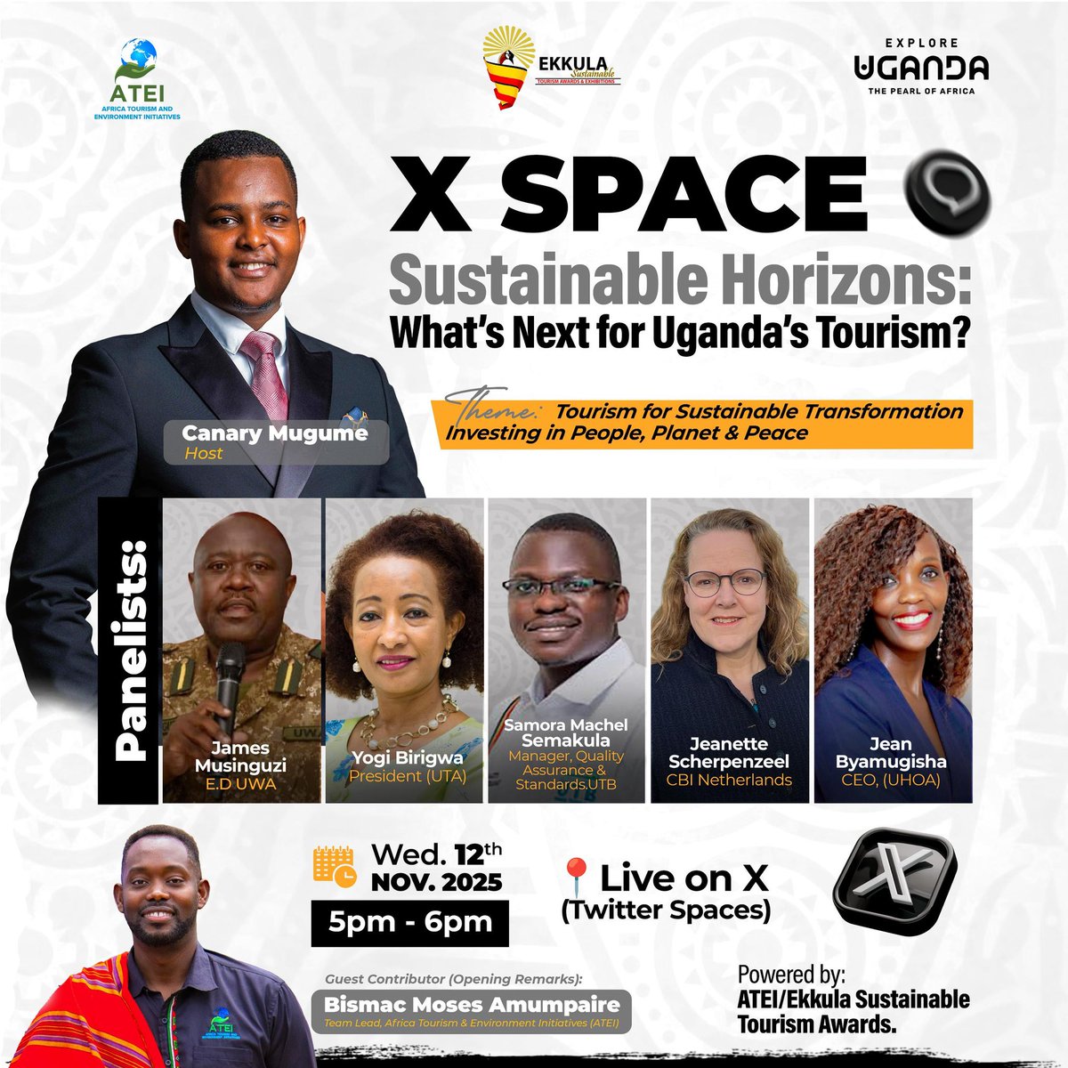 Sustainable Horizons: What’s Next for Uganda’s Tourism?

Ahead of the Ekkula Sustainable Tourism Awards/Festival 2025!
Join me this evening as I moderate top voices — UWA, UTB, UHOA, UTA &amp; CBI Netherlands — in an X Space special:

🗓️ Wednesday, 13th Nov | 🕔 5–6 PM (EAT)