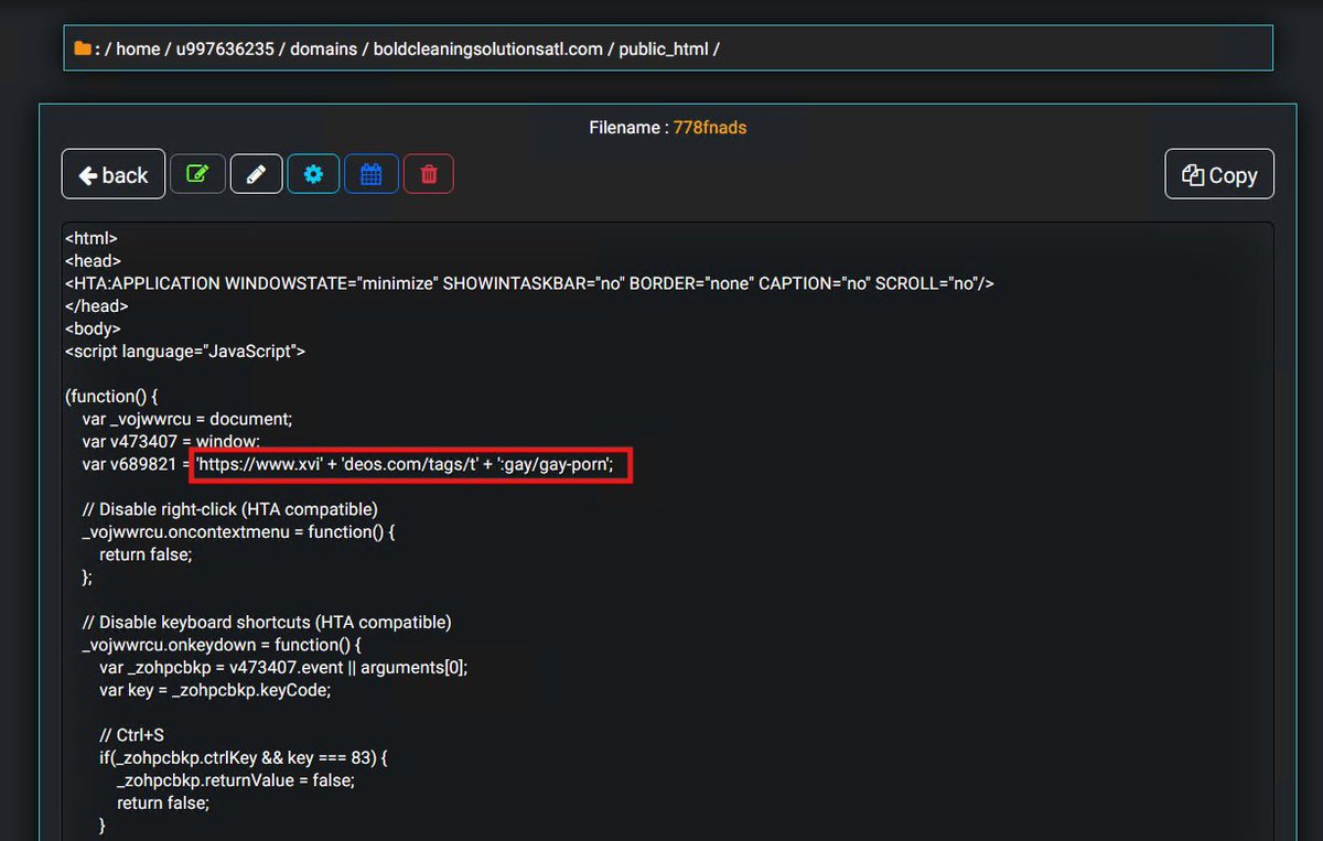 ⚠️ALERT⚠️
there is an OPEN webshell on hxxps://boldcleaningsolutionsatl[.]com/
NEW domains:
boldcompanions[.]com
boldinnovationspetcare[.]com
<a href="/AgidCert/">Cert AgID</a> <a href="/guelfoweb/">Gianni Amato</a> <a href="/JAMESWT_WT/">JAMESWT</a> 
<a href="/vxunderground/">vx-underground</a> a lot of malwere inside 😋
cc: <a href="/tobersotski/">tobersotski</a> 
x.com/AgidCert/statu…