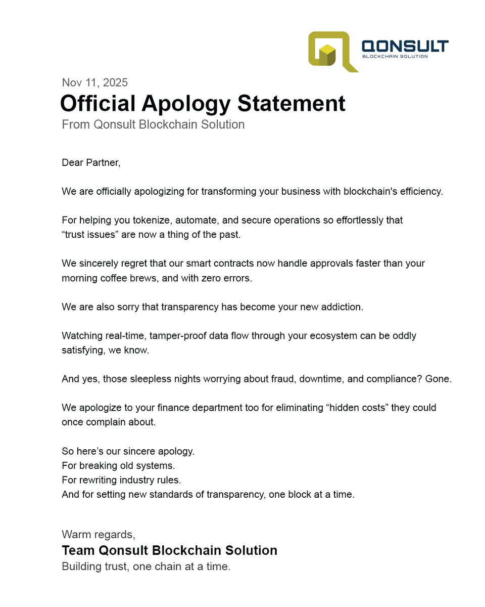 qonsultblock's tweet image. Very sorry dear partner.

#Qonsult #BlockchainSolution #DigitalTransformation #SmartContracts #CyberSecurity #SupplyChain #DeFi #Tokenization #Innovation