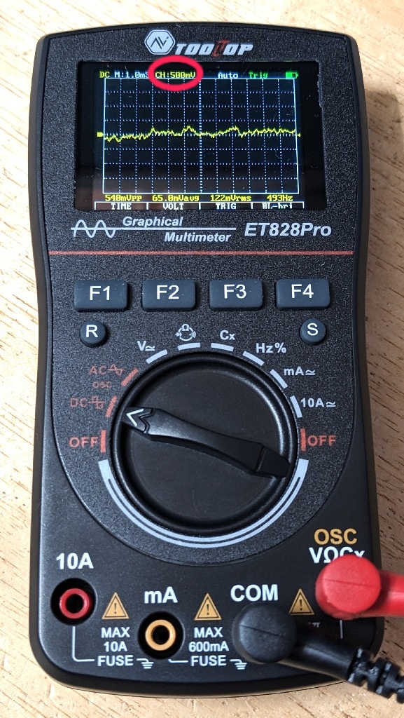 nabe_abk's tweet image. オシロ内蔵マルチメーターに憧れて、ダイヤル式かつ電池式（単3）かつ50Mspsという良さげなものを見つけたと思ったら、最小電圧レンジが0.5Vだった。終わった……