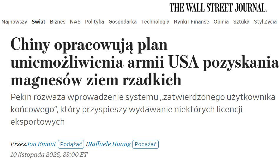 WSJ: Chiny planują ułatwić firmom amerykańskim procedury licencyjne na zakup pierwiastków ziem rzadkich i innych materiałów objętych ograniczeniami eksportowymi, ale na podstawie systemu, który wykluczy firmy powiązane z siłami zbrojnymi.