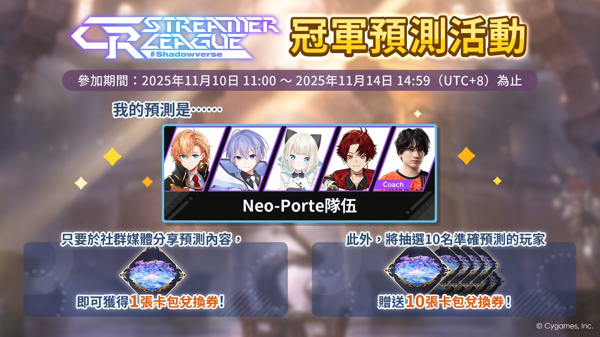 zyus0125's tweet photo. 【CR Streamer League Shadowverse 冠軍預測活動舉辦中！】
／
我的預測是……
Neo-Porte隊伍
＼

透過樂園內的預測螢幕參與冠軍預測，獲得獎勵吧！
賽事預定於11月14日 15:00（UTC+8）開始！

▼詳情
https://t.co/ws7gHd7rti

#CRSL
#NeoPorte
#闇影詩章WB https://t.co/bqLItTkkeX