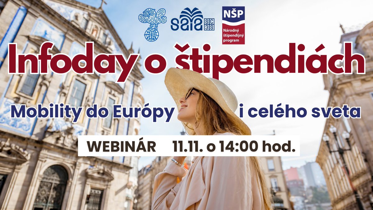 🗣️Pripojte sa už #DNES na Infoday o štipendiách: Mobility do Európy i celého sveta a zistite, ako sa uchádzať o štipendium!📷
📷 Webinár je určený pre študentov, doktorandov, výskumníkov a pedagógov vysokých škôl.
Link na pripojenie: lnk.sk/qsw15