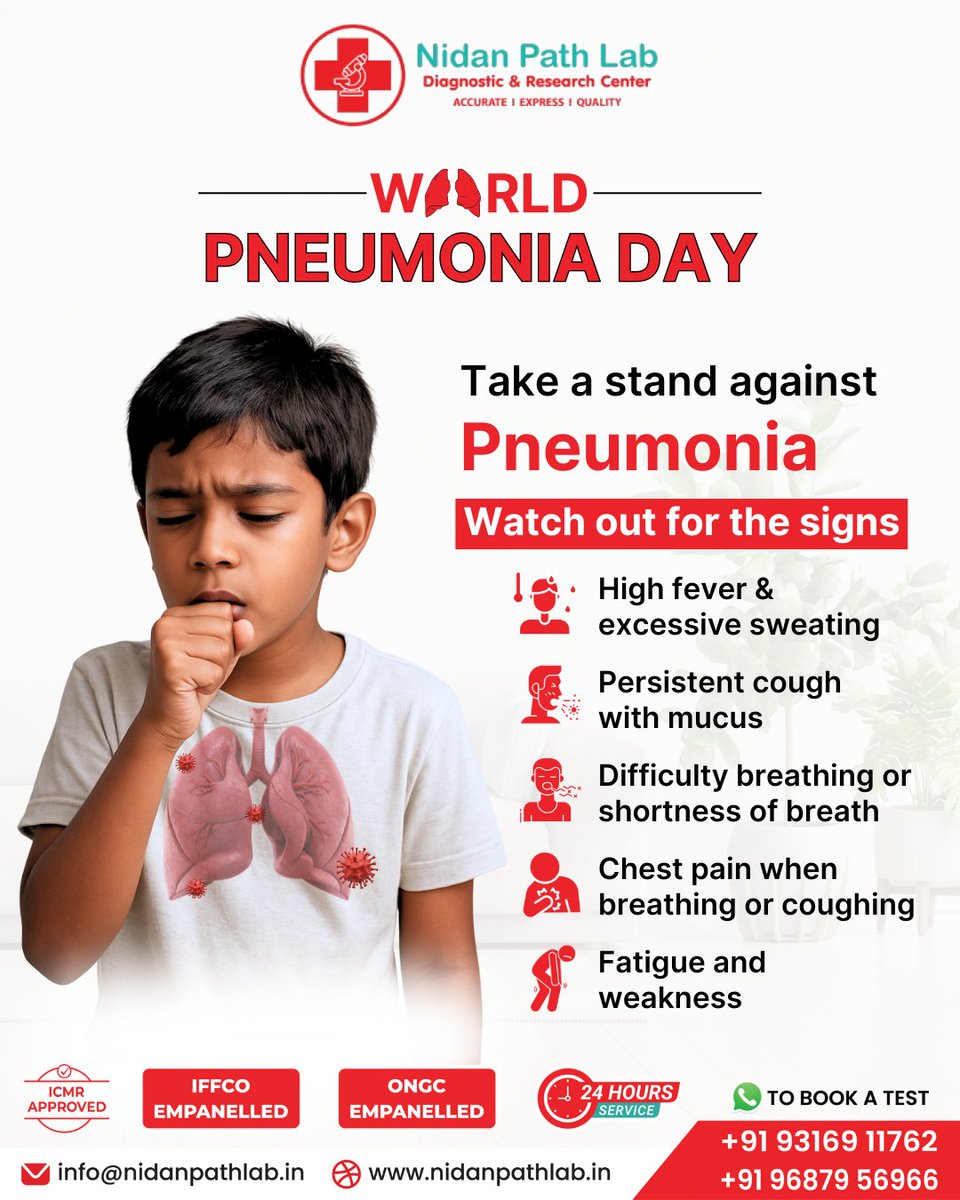 Nidan_Path_Lab's tweet image. Pneumonia can strike silently but speaks through clear signs. Don’t ignore the symptoms, early diagnosis can save lives. 💨

This #WorldPneumoniaDay, let’s spread awareness, not infection. Get tested, stay protected.

#NidanPathLab #HealthyLungs #PneumoniaAwareness