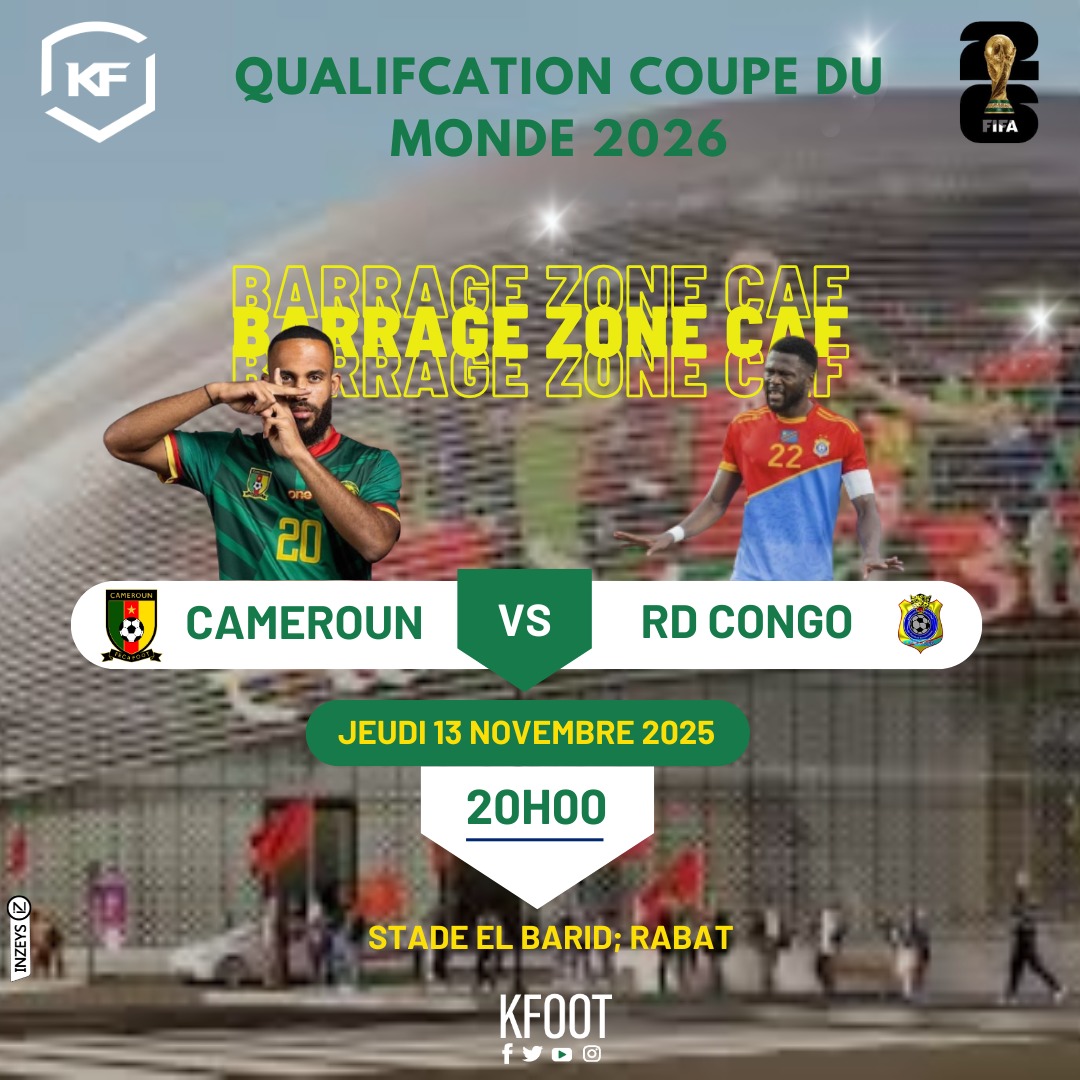 🔥Qualif coupe du Monde 2026

 🌍 Barrage zone CAF 

⚡️ 🇨🇲Cameroun 🆚 RD Congo 🇨🇩

💪🏿 un duel historique du football africain !

Lions et Léopard c'est 27 matchs toutes compétitions confondues 

📊 Bilan 
🏆 Cameroun : 15 victoires
🎯 RDC : 5 victoires
🤝 Matchs nuls : 7 

#KFOOT