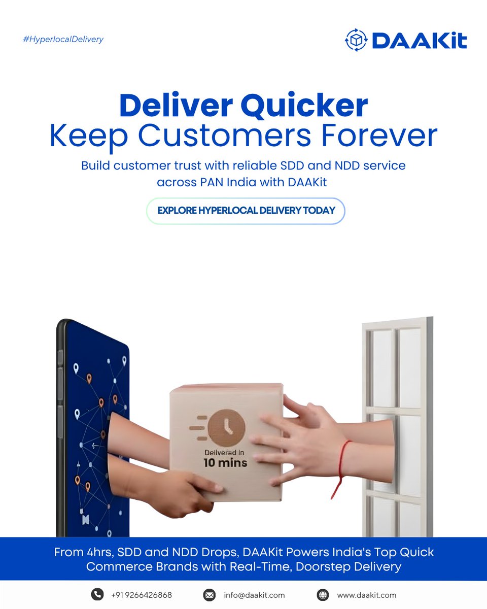 daakit's tweet image. Deliver faster and build loyalty with DAAKit’s hyperlocal solutions—4-hour express, Same Day, and Next Day Delivery across India. Exceed customer expectations with real-time, doorstep service!

📞 +91 9266426868 | 🌐 daakit.com
.
#HyperlocalDelivery #DAAKit