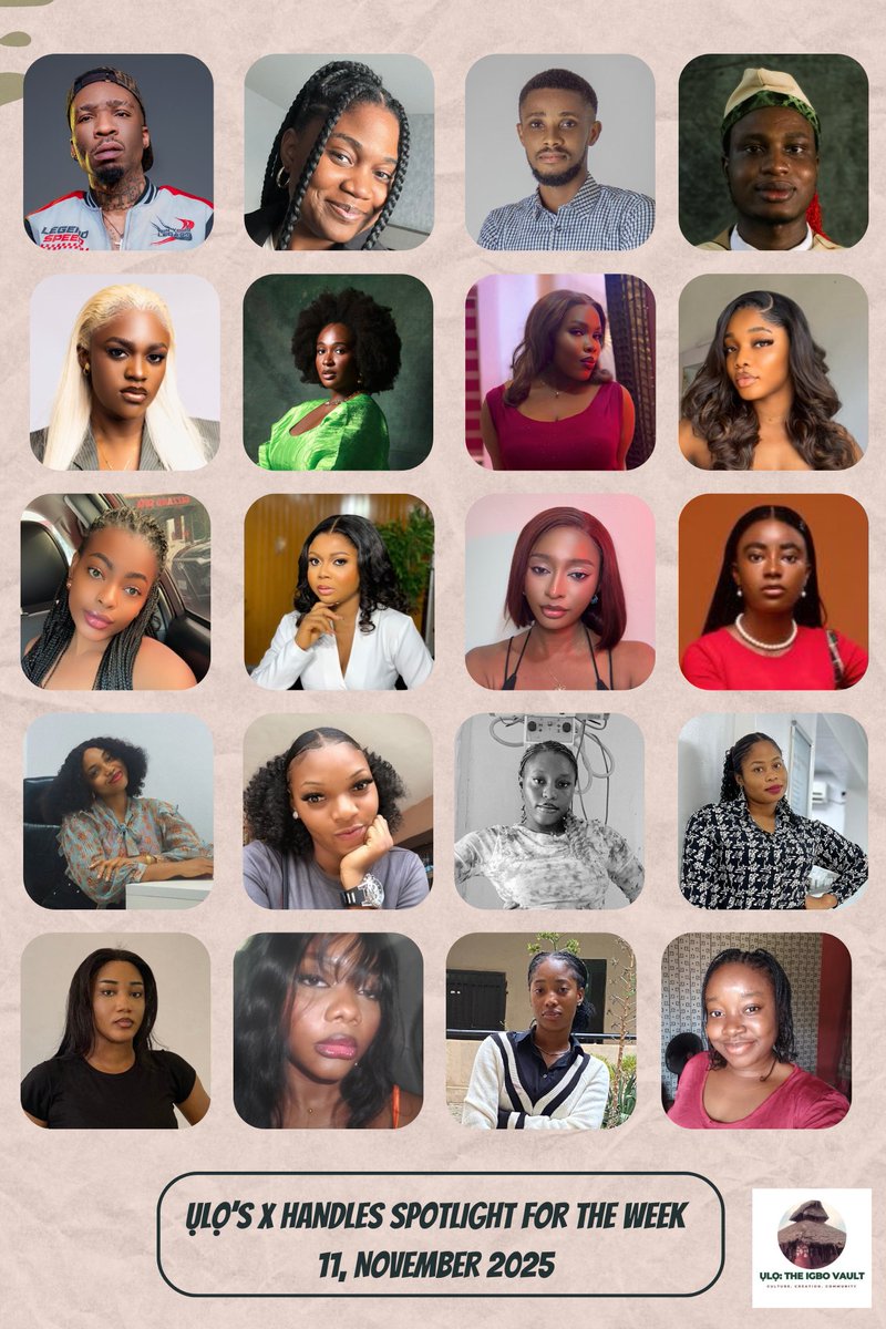 Uloigbovault's tweet photo. ỤLỌ’S SPOTLIGHT FOR THE WEEK

1. @BosaLin - Igbo Rap
2. @almaasinobi - Travel
3. @MagnusEmenuga - Embedded system specialization
4. @onyekamadumere - Data Analysis/Top Scholar
5. @Big_Lucy_Q - Music
6. @uzoart - Art, Business &amp; Product Design
7. @SylviaNdubuisi0 - Make Up/Tech https://t.co/yoRMI2sxpp