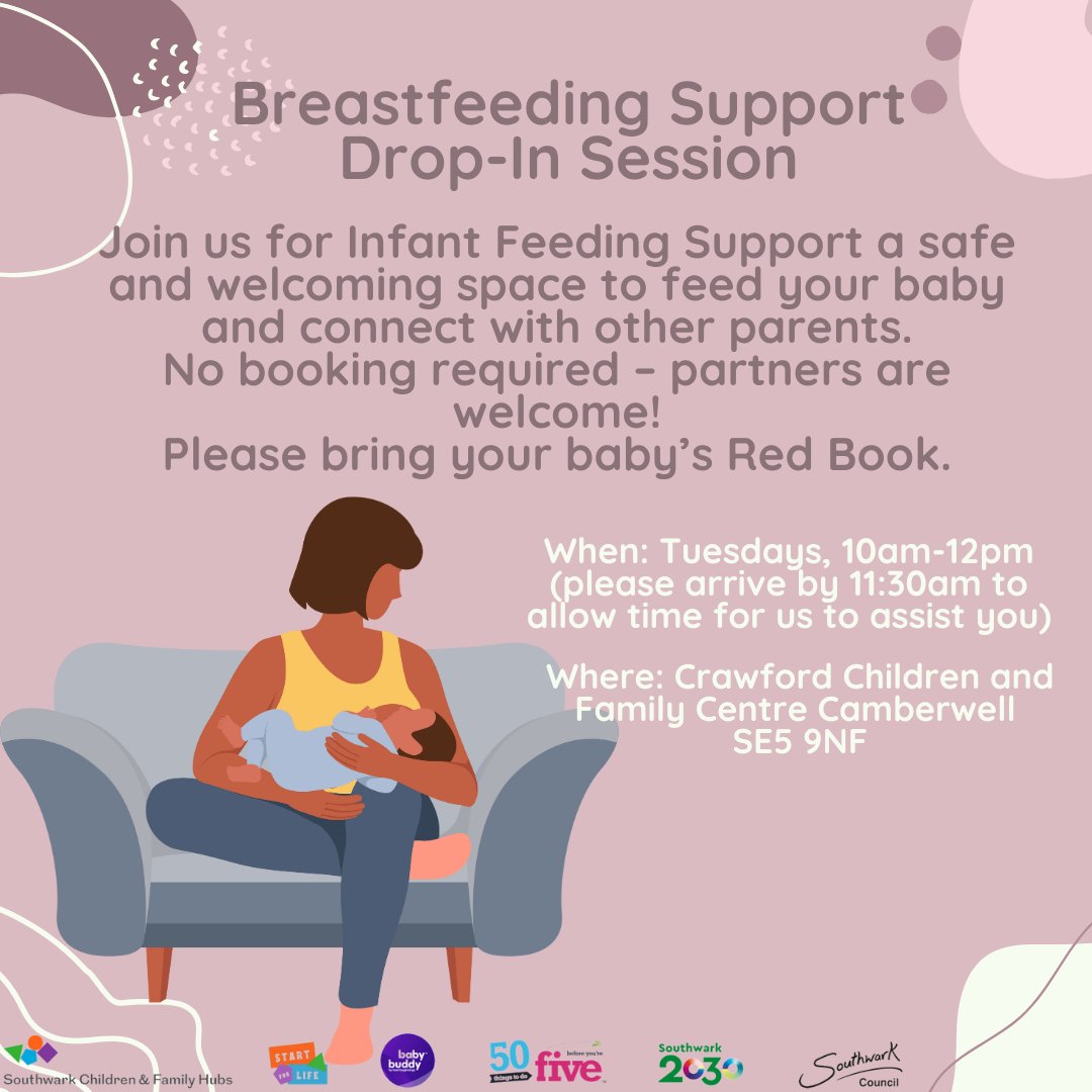 C_D_cfc's tweet image. Good morning, #Southwark! Need help with feeding your little one? No matter their age or stage, join us at 10am at Crawford Children&apos;s Centre! Feel free to bring a friend, and don’t forget your baby’s Red Book if you can. See you there! #PeerSupport #InfantFeeding #Camberwell