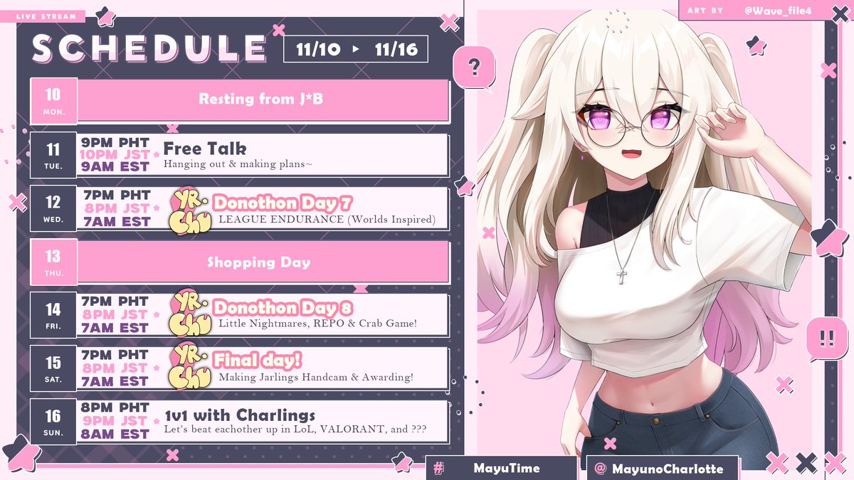 mayunocharlotte's tweet photo. 🎀 𝓢𝓬𝓱𝓮𝓭𝓾𝓵𝓮 🎀
the end of year chu fr this time 😅

General: #MayunoCharlotte
Art: #ArtLotte
Live: #MayuTime
Fan: #Charlings
🔞 #Charlust https://t.co/ohpnDYEzu7