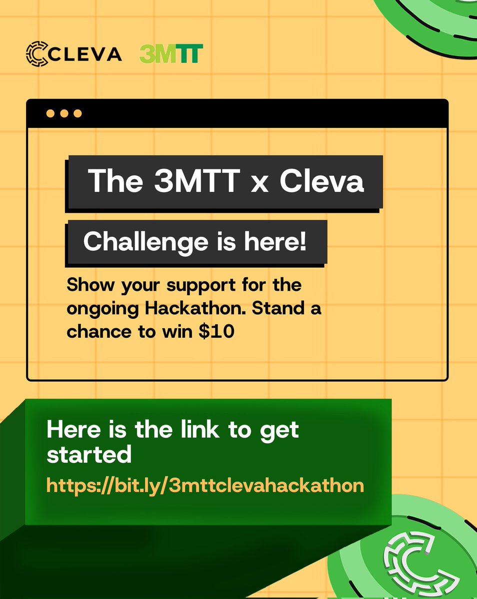 3MTTNigeria's tweet image. We’re celebrating Nigeria’s brightest tech minds!  Support the 3MTT Hackathon with #3MTTxClevaHackathon and stand a chance to win $10 from @clevabanking 
Join here
👇
bit.ly/3mttclevahacka…

#3MTTxClevaHackthon