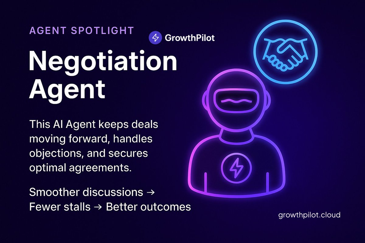 gianlucabusato's tweet image. 🤝 Agent Spotlight: Negotiation

This AI Agent manages real-time deal discussions, creating win–win outcomes and cutting closure times by 30%.

Negotiation intelligence that never sleeps.

#GrowthPilot #AI #SalesTech #NegotiationAgent