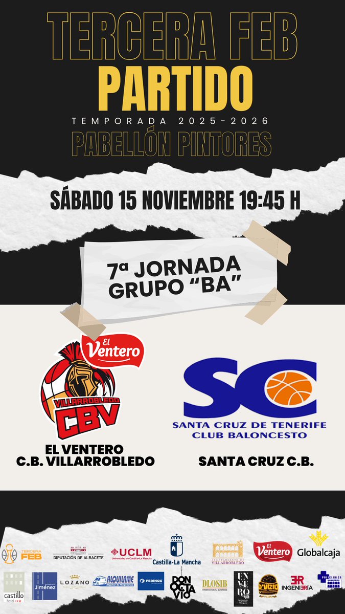 |TERCERA FEB | 𝟕ª 𝐉𝐎𝐑𝐍𝐀𝐃𝐀
15/11/25 19:45 h Pab. Pintores
🔴El Ventero <a href="/CBVillarrobledo/">El Ventero CBV</a>
⚪️<a href="/CB_SantaCruz/">Club Baloncesto Santa Cruz</a>
Estamos deseando que vengáis a animar al equipo el próximo sábado🤗. Pasa una tarde de baloncesto en familia viendo a uno de los mejores equipos del grupo.
<a href="/VdoDiario/">Miguel Parreño López1</a>