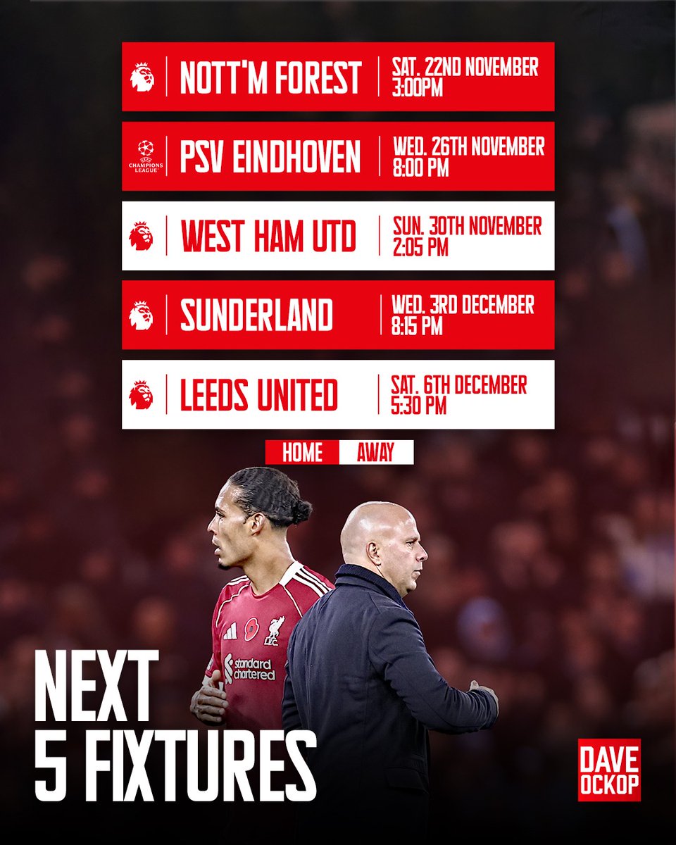 🚨 Liverpool's next 5 fixtures.