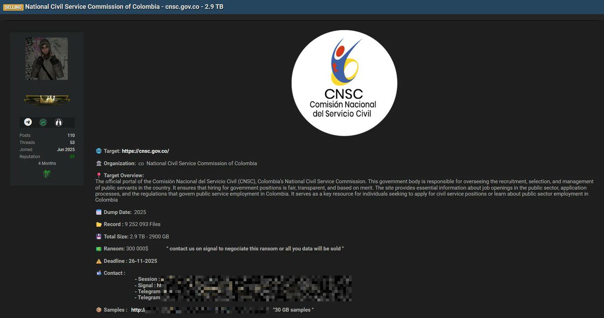 DailyDarkWeb's tweet image. Colombia 🇨🇴 - The National Civil Service Commission of Colombia (CNSC) is the alleged victim of a major data extortion attack. A threat actor claims to hold 2.9 TB of data and is demanding a $300,000 ransom. dailydarkweb.net/colombias-cnsc…