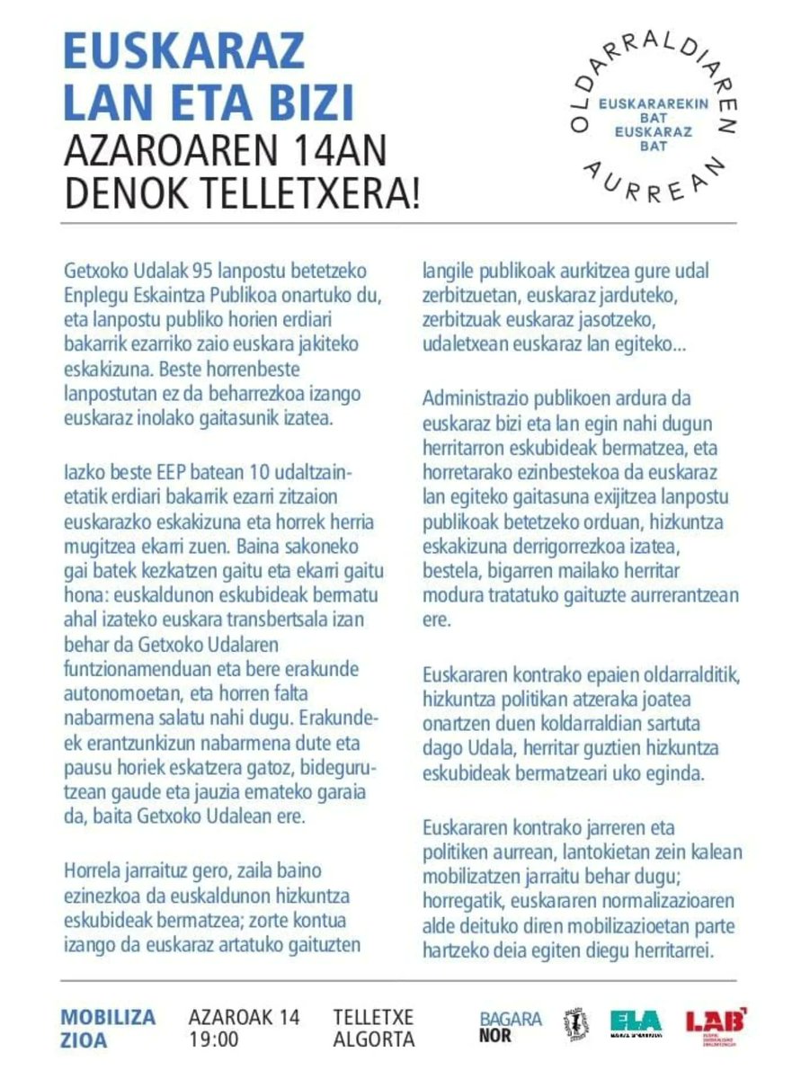 Kontseiluak bat egiten du Getxoko Udalak lan-eskaintza publiko batean ia 50 lanposturi euskara eskakizuna kentzeko erabakiaren aurka tokiko euskalgintzak eta sindikatu nagusiek deitutako mobilizazioarekin, azaroaren 14an 19:00etan Telletxen (Algorta).