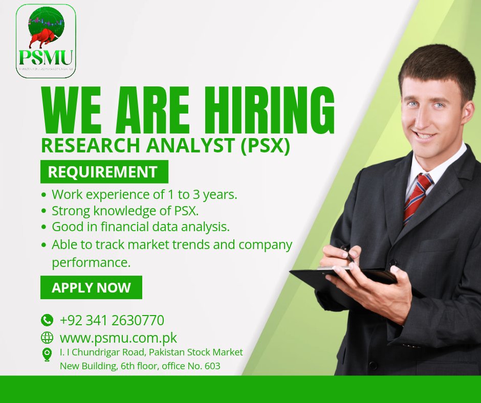Pakistanshar846's tweet image. 📢 We’re Hiring!
Join Pakistan Share Market Update (PSMU) as a Research Analyst (PSX)

📞 Contact: +92 341 2630770
🌐 psmu.com.pk
📍 I.I. Chundrigar Road, Pakistan Stock Market, New Building, 6th Floor, Office No. 603

#PSMU #WeAreHiring #ResearchAnalyst