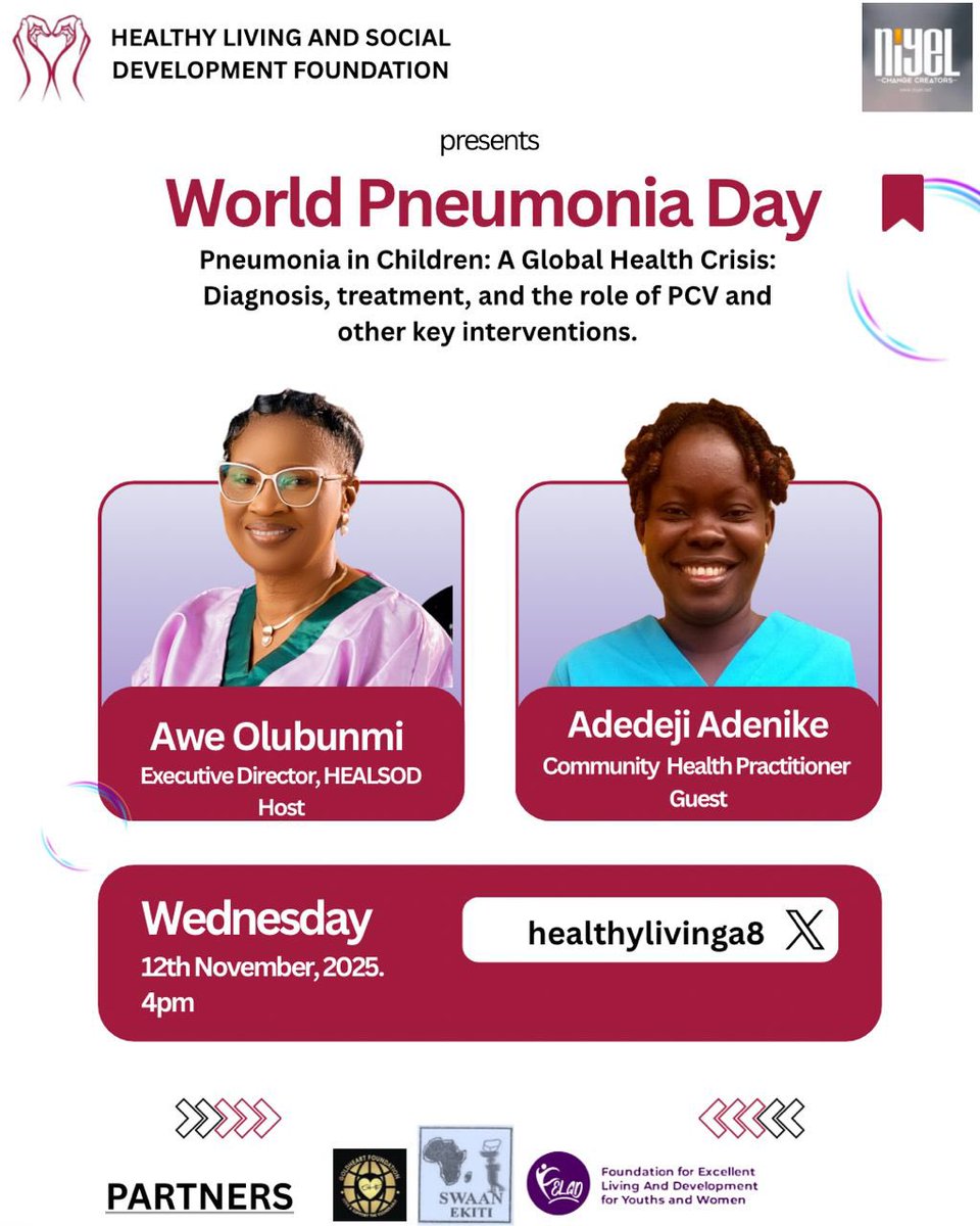 HEALTHYLIVINGA8's tweet photo. Join us this Wednesday by 4 PM, as our Executive Director hosts Adedeji Adenike, a community health practitioner for a discussion on Diagnosis and treatment of pneumonia in children.
Together, we can raise awareness and save lives.
#worldpneumoniaday #niyelcampaigns #PUHI https://t.co/oBa5QYcoLc