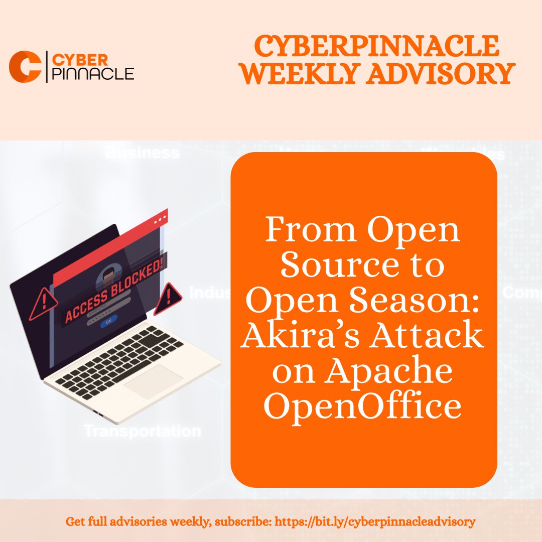 cyberpinnacleuk's tweet photo. 🚨 BREAKING: Akira ransomware is exploiting Apache OpenOffice vulnerabilities, putting corporate networks at risk.

Don't become the next victim.
👉 Schedule a threat briefing: https://t.co/OhsHOmLiM5
#CyberSecurity #Ransomware #Akira #OpenSource #DataBreach #CISO #InfoSec https://t.co/oHo9kE5myF