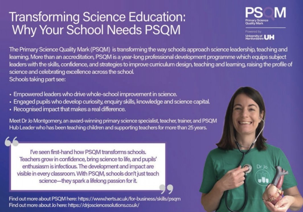 DrJoScience's tweet image. Thinking about transforming #PrimaryScience with @Psqm_HQ in your school?
Check out this advertorial in the latest edition of @TeachPrimary magazine
teachwire.net/products/teach…
#PSQM
(you'll also find an article on building children's #ScienceCapital and #STEMCareers too!)
