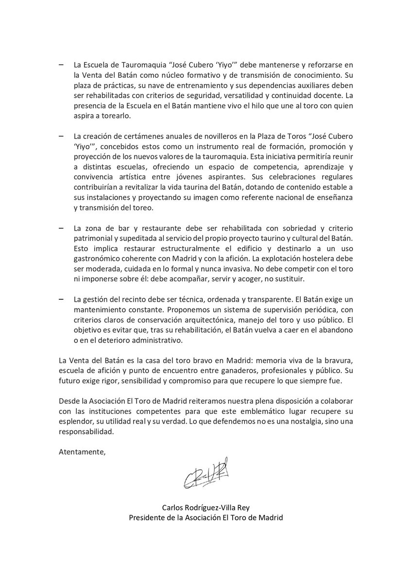 En la mañana de hoy hemos presentado el siguiente escrito ante el Centro de Asuntos Taurinos y la Consejería competente de la Comunidad de Madrid, en relación con la consulta preliminar de mercado sobre las futuras obras y la explotación comercial de la Venta del Batán.