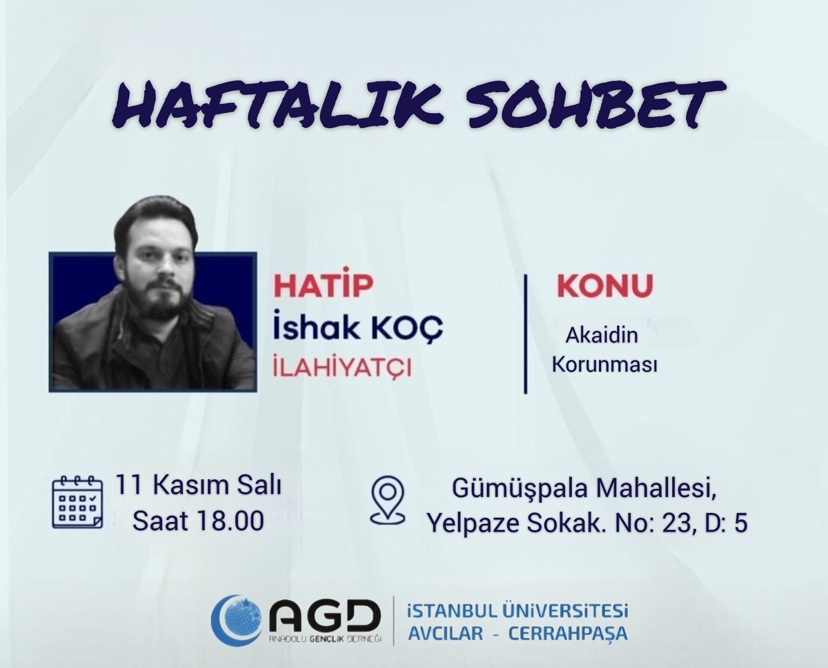 iucagd's tweet image. Bu akşam saat 18.00&apos;da öğrenci evimizde İshak Koç hocamızı ağırlayacağımız haftalık sohbetimize müsait olan tüm kardeşlerimizi bekleriz.